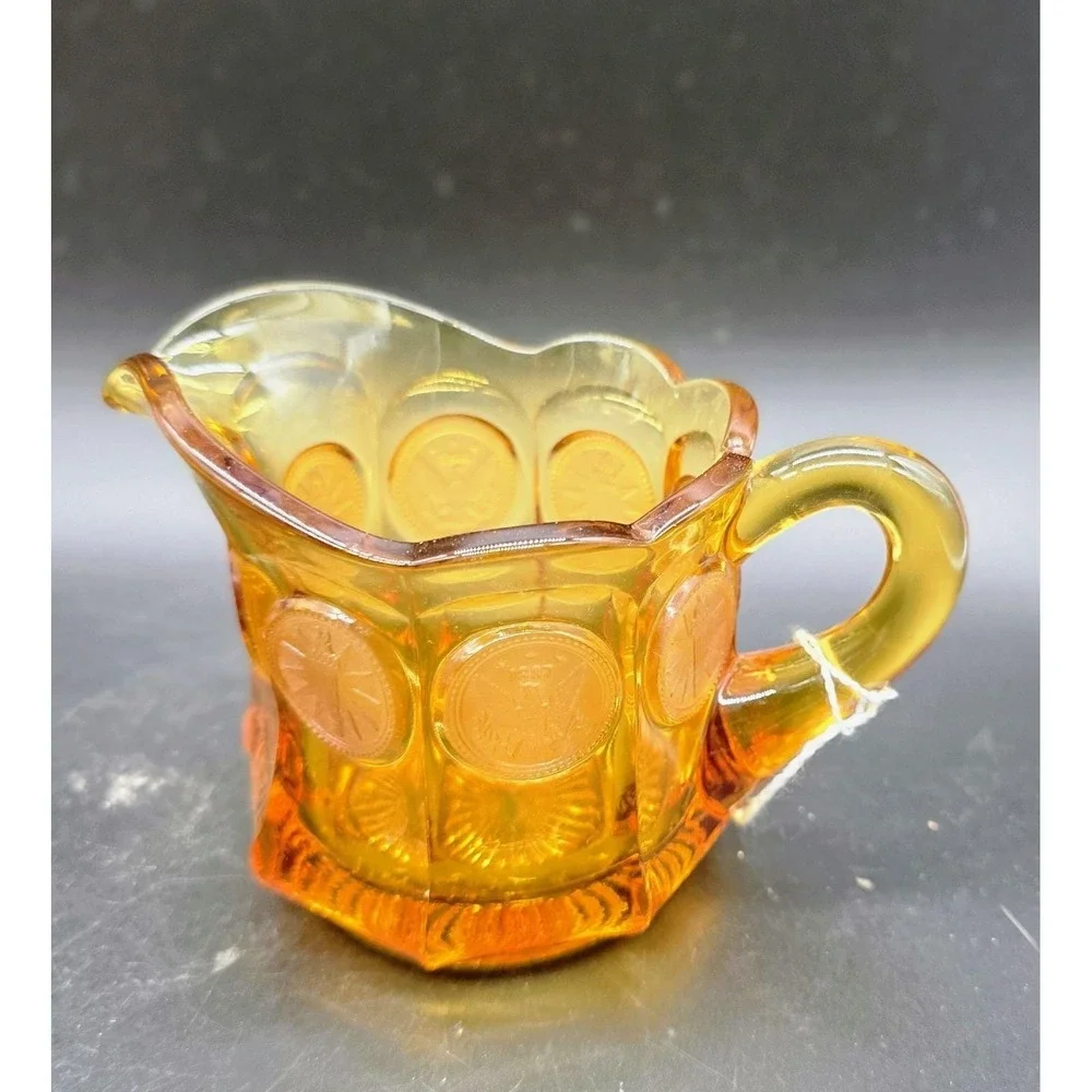 Vintage Fostoria Amber Coin Dot Pattern Eagle & Torch Glass Creamer